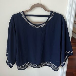 Women’s Navy Blue 3/4 Length Sleeve Crop Top with Cream Embroidery Detail